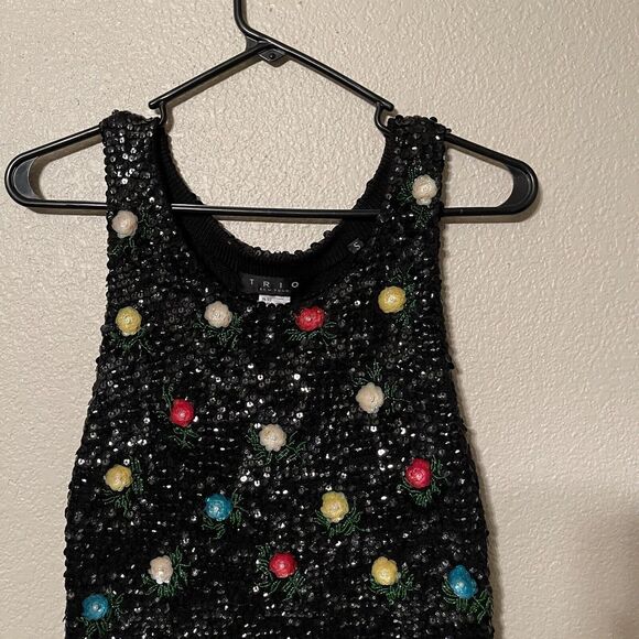 TRIO Vintage 50s Women S Black Wool Angora Beaded Sequin Rosette Sweater Vest - Picture 8 of 8